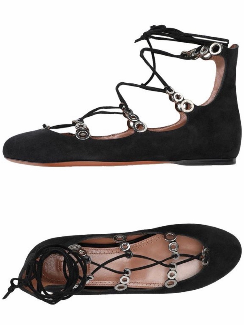 Alaia Black Suede Lace-Up Ballet Flats with Silver Eyelets